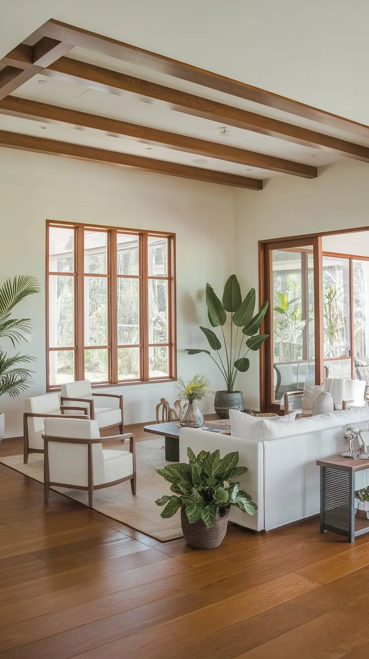 White walls and exposed wooden beams accentuate the calming, plant-filled space.