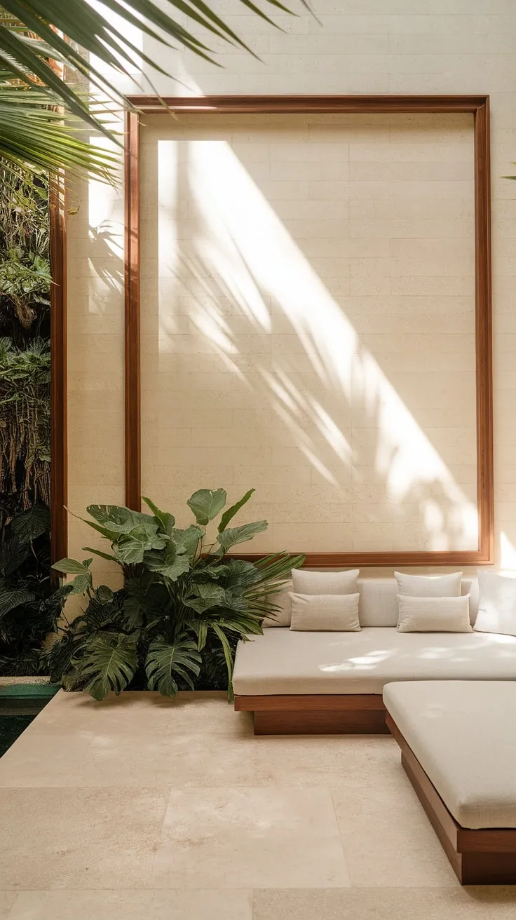 Sunlight streams into a modern tropical living room, highlighting a white couch and lush greenery against a high ceiling and beige tile floor