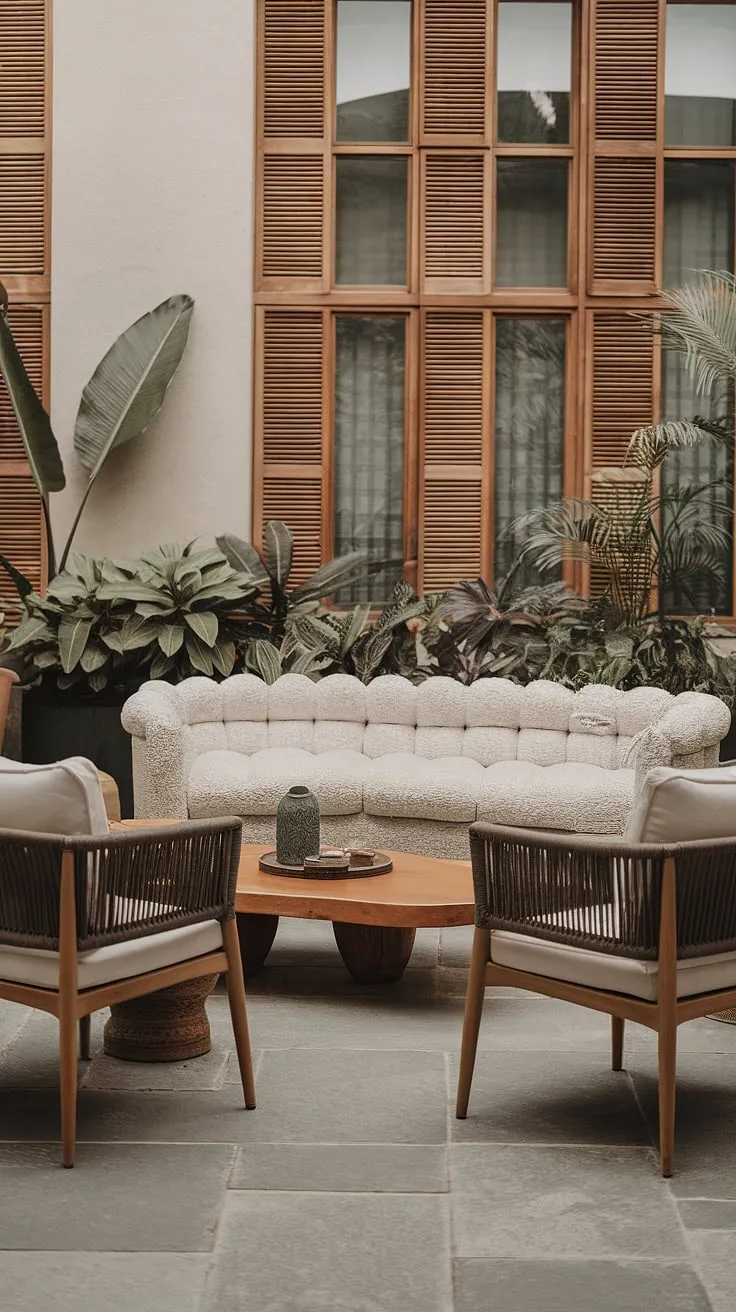 Grey tiles and woven textures create a calming, airy tropical haven.