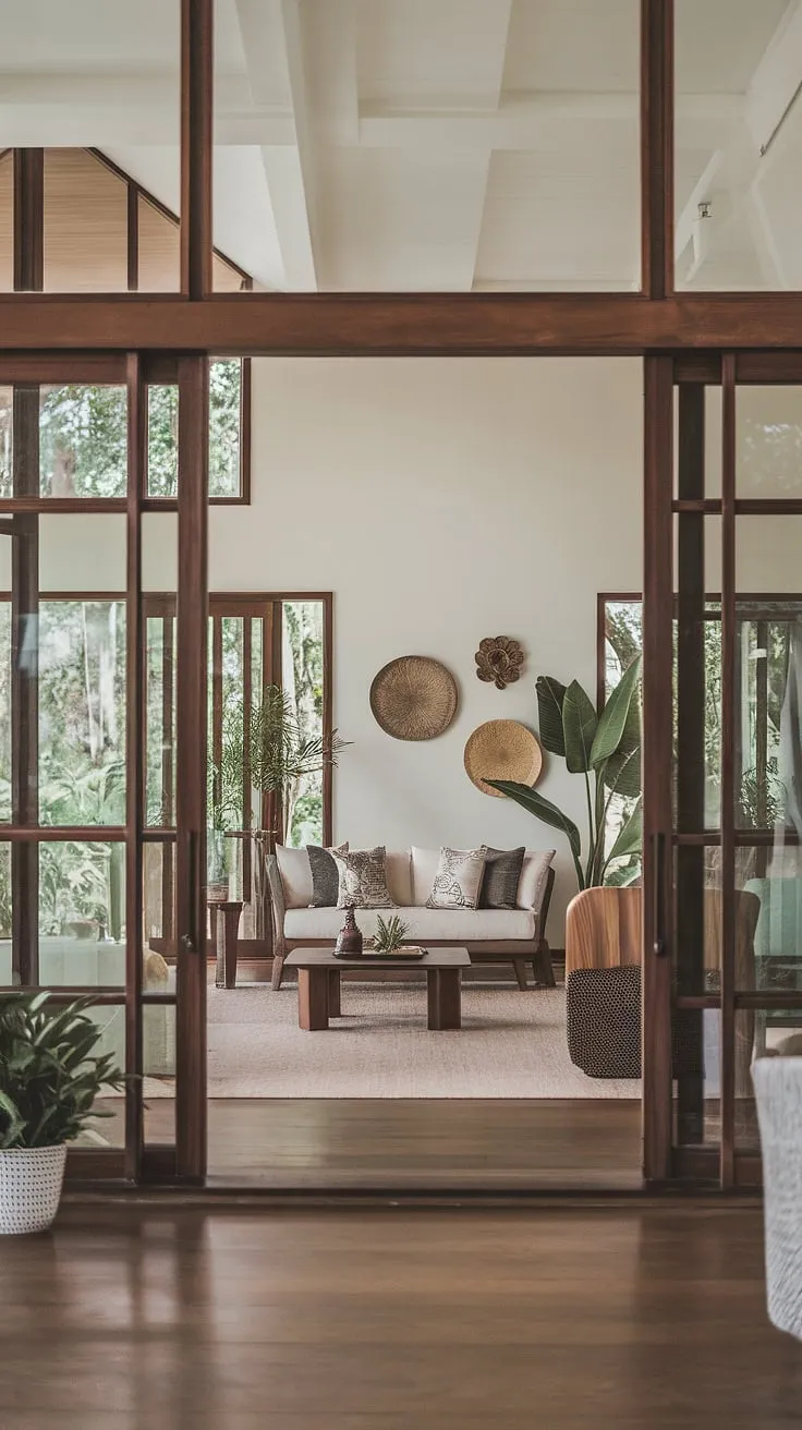 High ceilings and expansive windows bathe a tropical-style living room in natural light, creating a serene atmosphere.