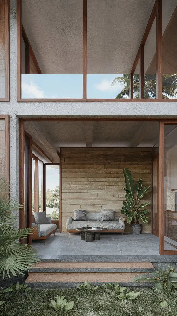 A concrete and wood tropical house showcases minimalist elegance with natural light flooding a stone-floored living space.