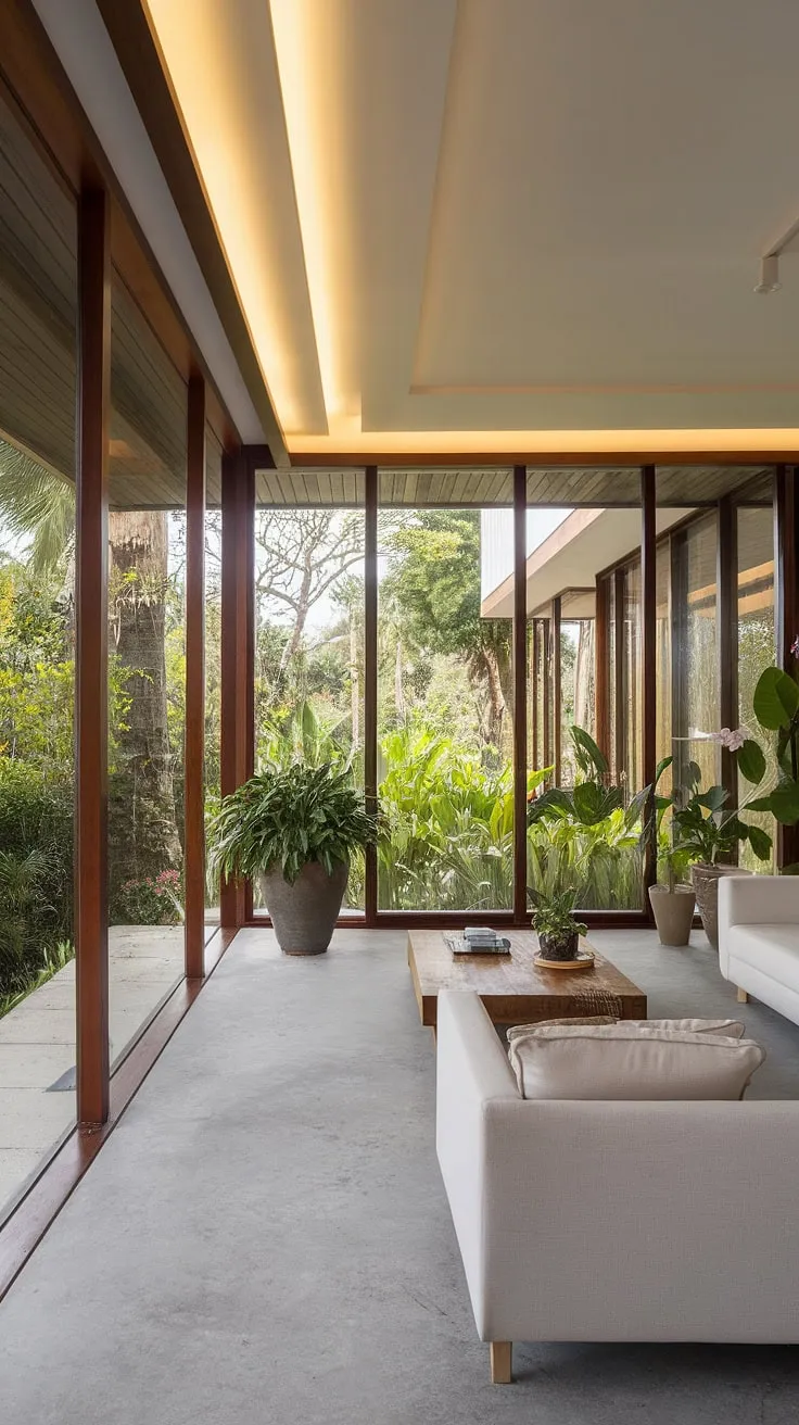 Modern tropical design seamlessly blends indoor comfort with outdoor serenity through expansive windows and natural materials