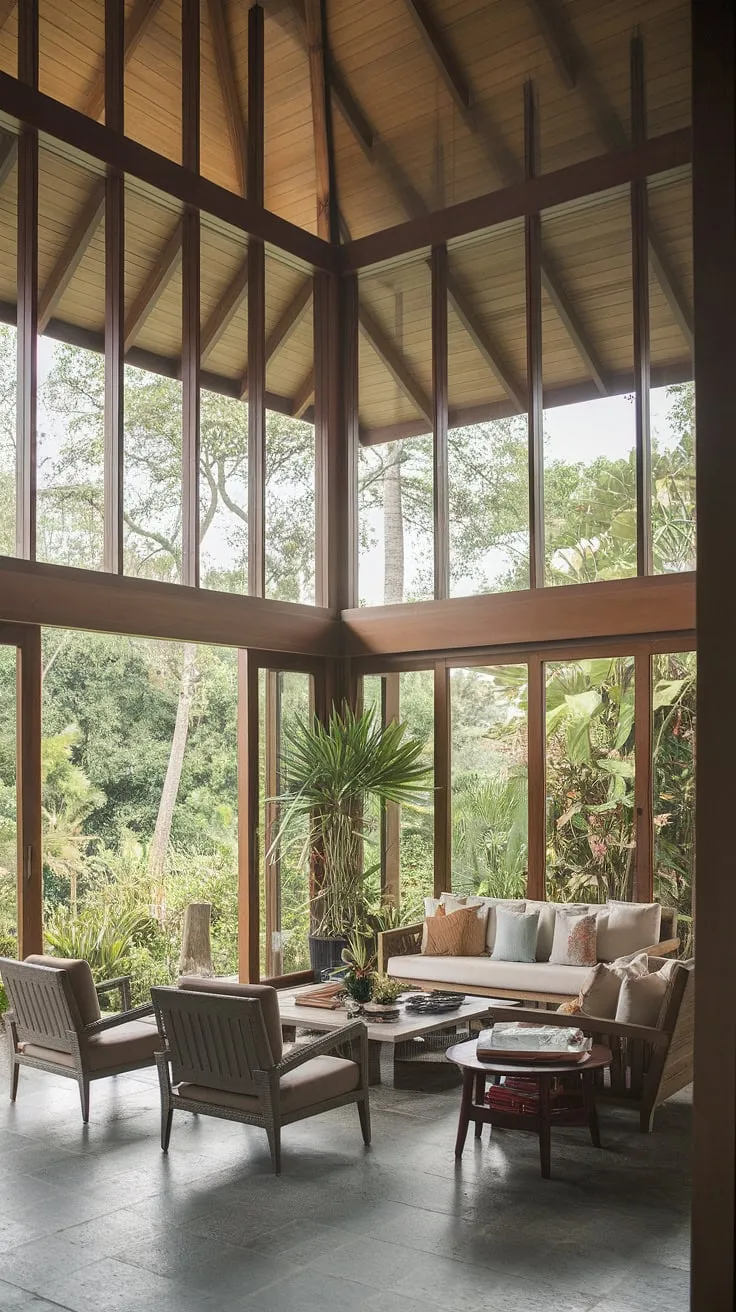 Sunlight streams into a high-ceilinged tropical living room, showcasing its wooden walls, stone floor, and lush green views
