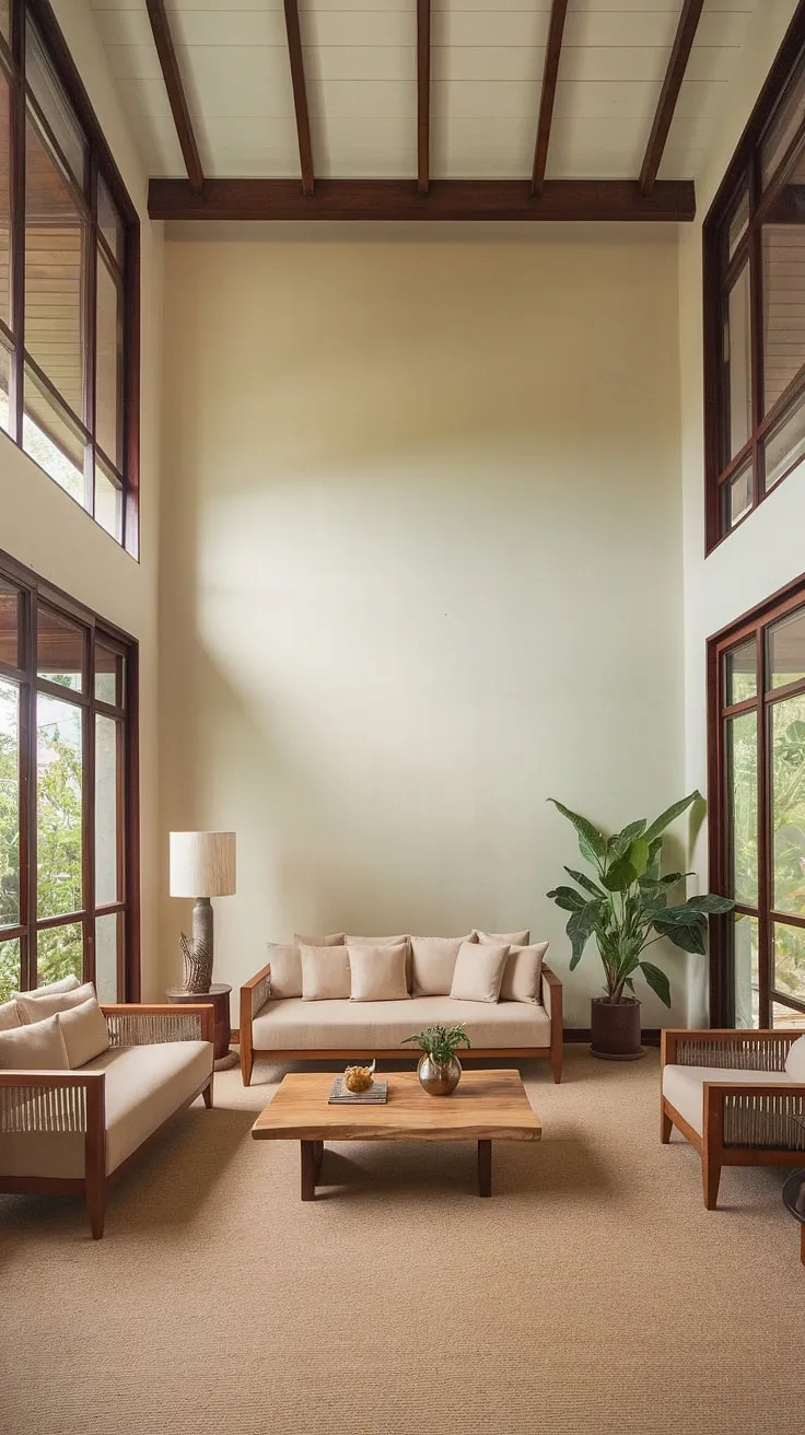 Sunlight streams into a spacious, airy tropical living room, highlighting its modern design and calming beige palette