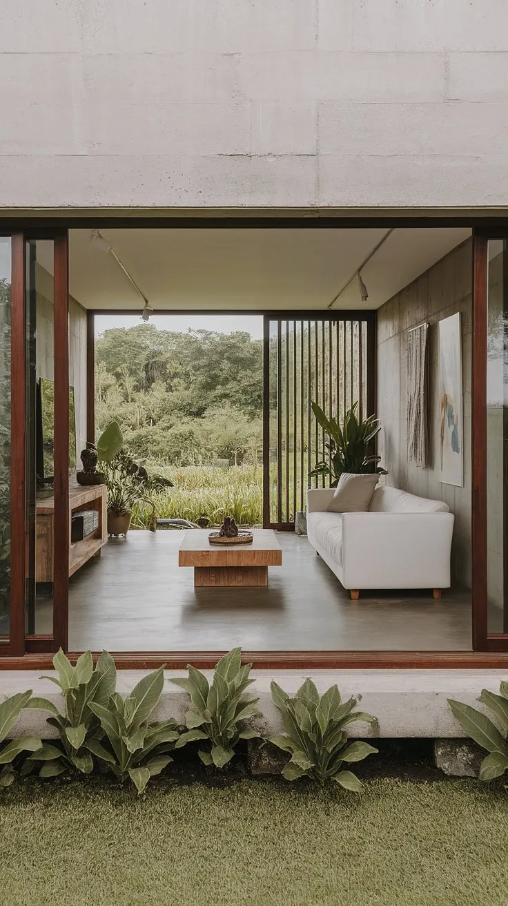 Modern tropical living merges indoor comfort with outdoor serenity through expansive glass doors and lush greenery