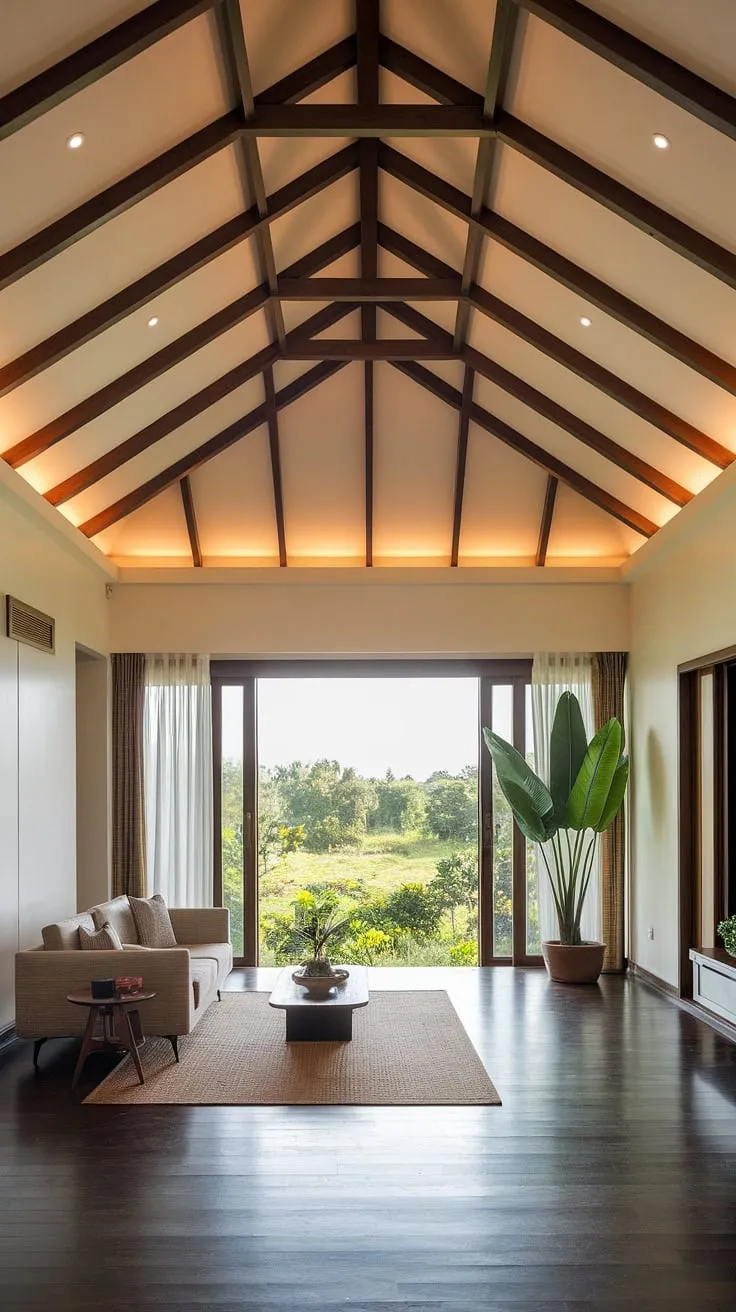 Warm light bathes a stylish Kerala interior, blending natural elements with modern comfort.