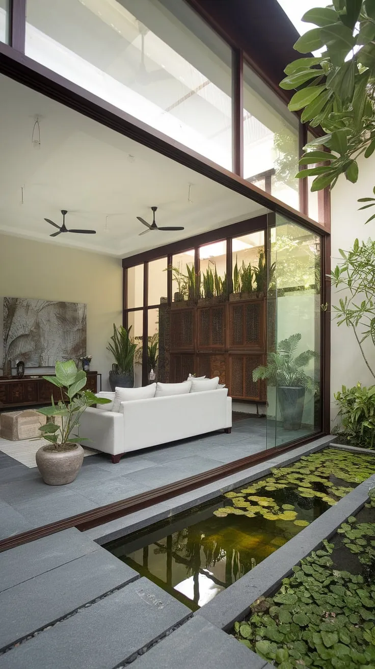 A bright, airy tropical living room features a white sofa and a tranquil courtyard visible through expansive glass.