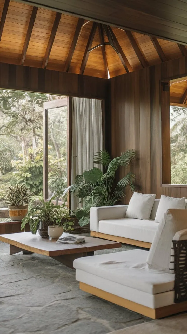 This tropical sanctuary harmoniously fuses natural materials and airy decor with vibrant greenery, crafting a tranquil retreat that brings the beauty of the outdoors indoors.