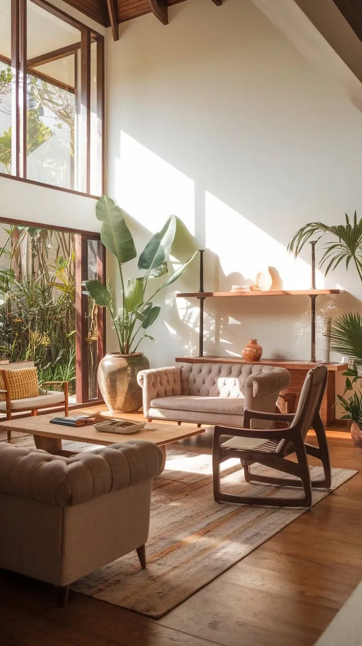 This serene modern tropical retreat, drenched in sunlight and enveloped by vibrant greenery, beckons for relaxation and renewal.