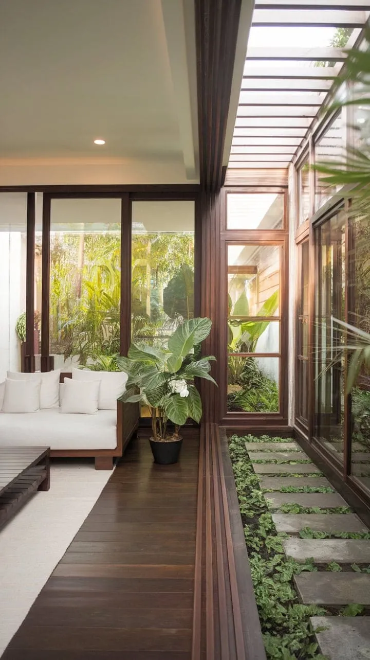 Sunlight floods this minimalist tropical haven, creating a serene indoor-outdoor retreat that invites relaxation amidst lush greenery.