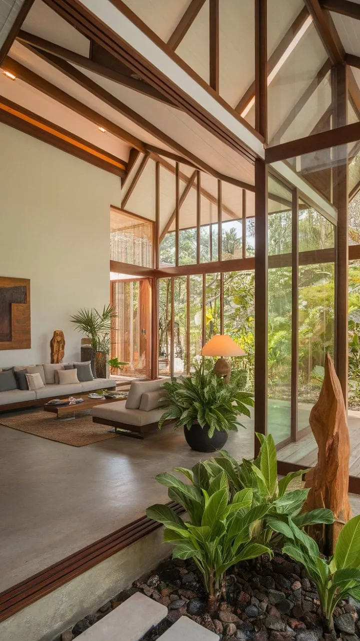 This stunning tropical retreat boasts a sunlit living room that seamlessly fuses polished concrete, warm wood, and natural elements into an elegant oasis.