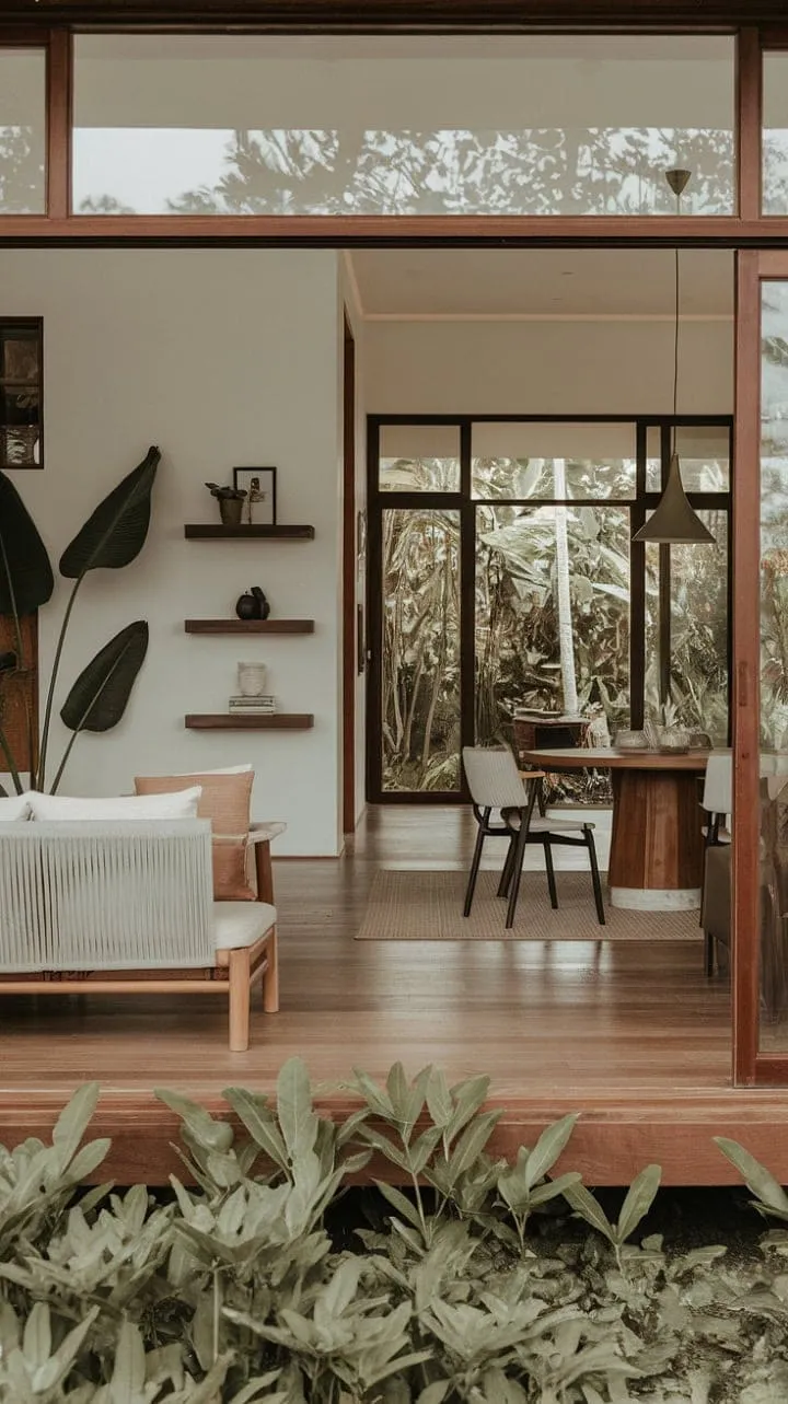 This serene tropical living room harmoniously combines rich wood floors and vibrant greenery, all illuminated by abundant natural light.