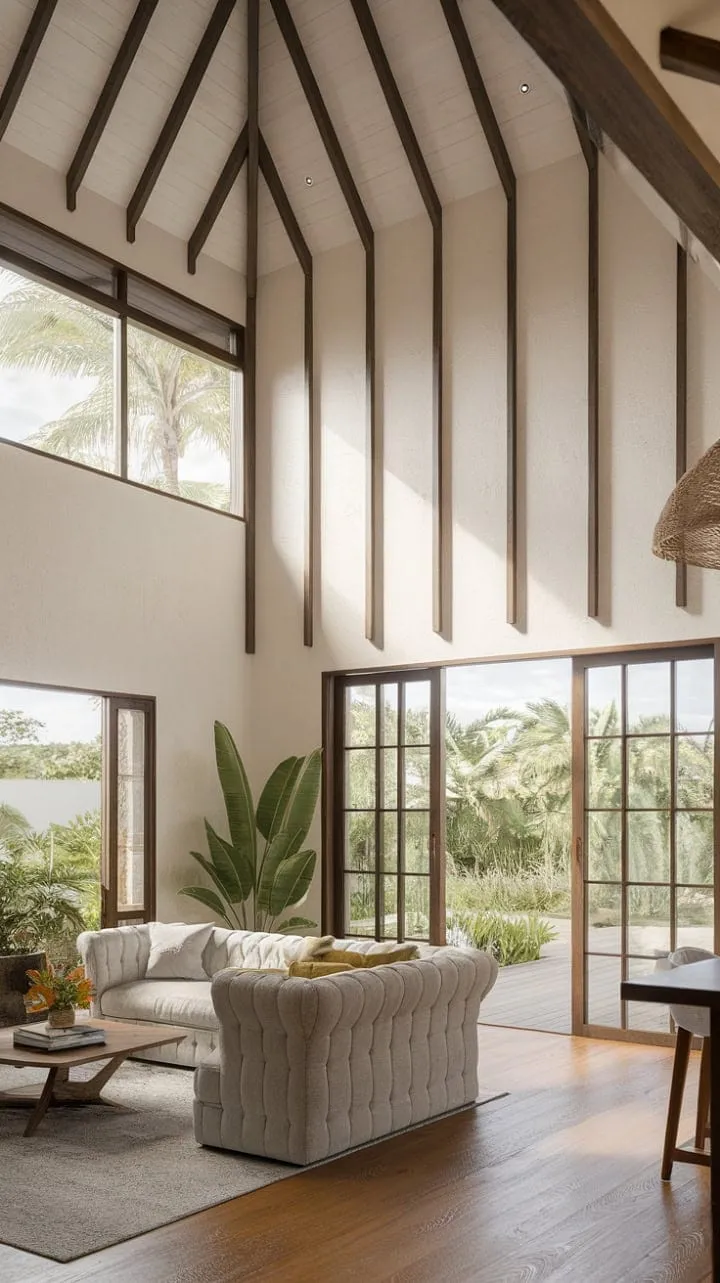 A sun-drenched modern tropical oasis, featuring whitewashed walls and exposed beams, seamlessly merges indoor tranquility with lush greenery.