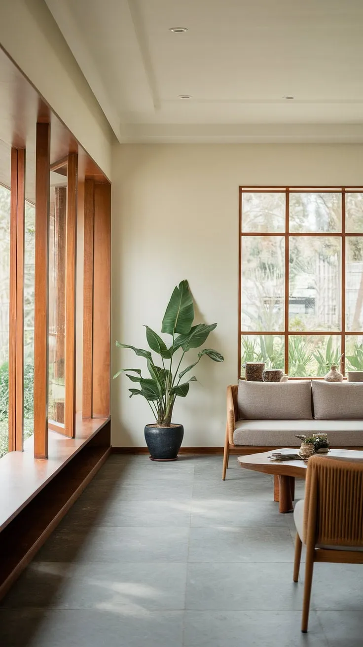 Natural light floods a minimalist tropical living room, highlighting grey tile floors and wooden accents against white walls.
