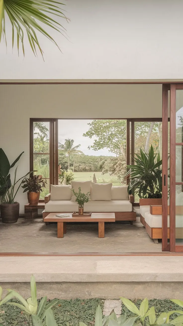 A bright, airy tropical living room opens onto a stunning outdoor view.