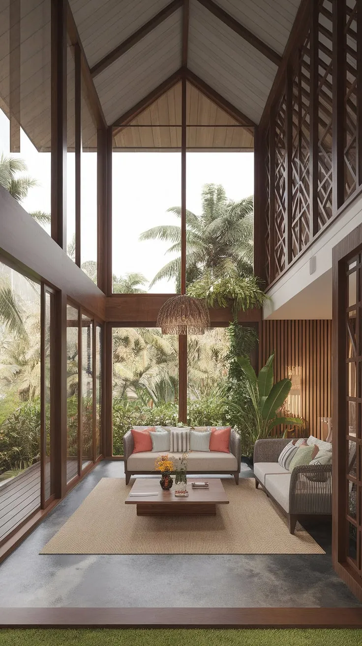 Kerala's modern tropical living room design bathes in natural light, showcasing a blend of wood, high ceilings, and comfortable furnishings