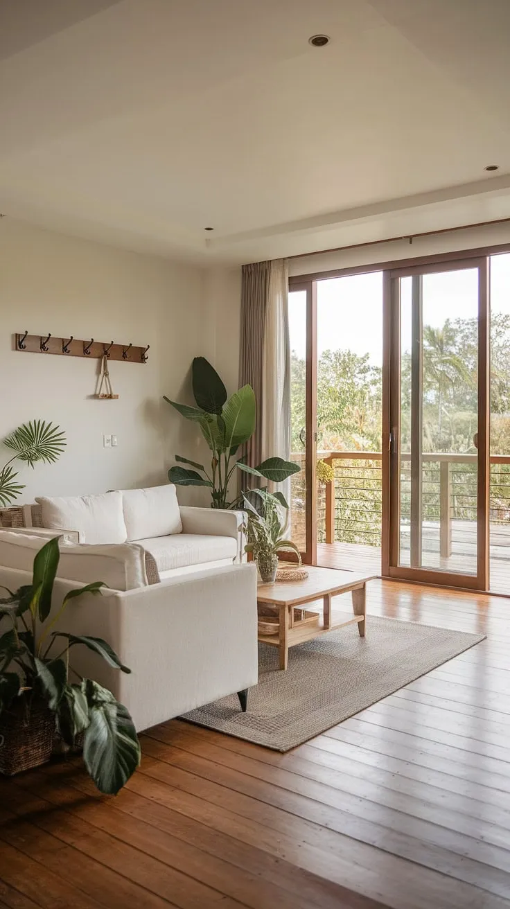 White walls and wooden floors create a bright airy space perfect for relaxation in a tropical home.