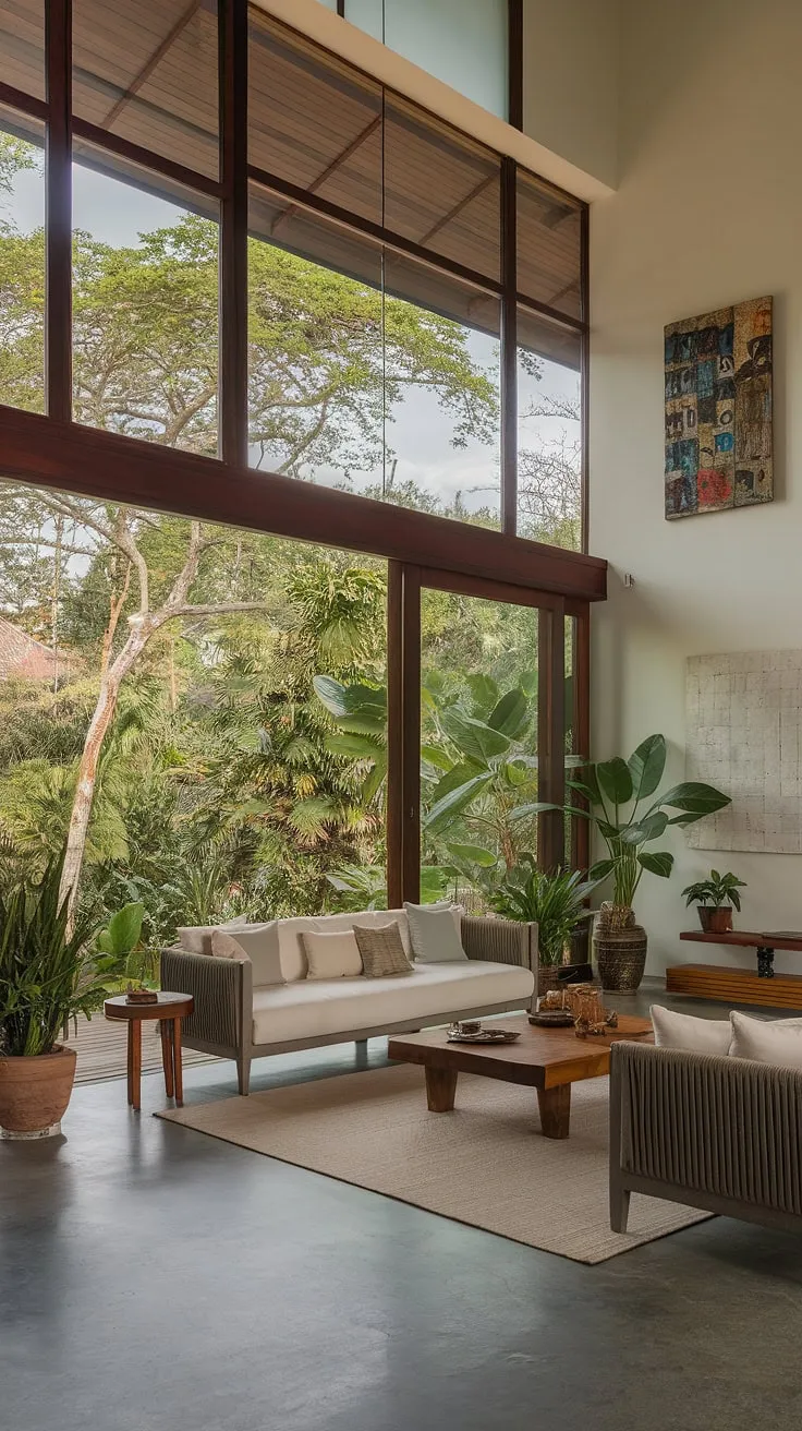 Sunlight streams into a minimalist tropical living room showcasing polished concrete floors and lush greenery views