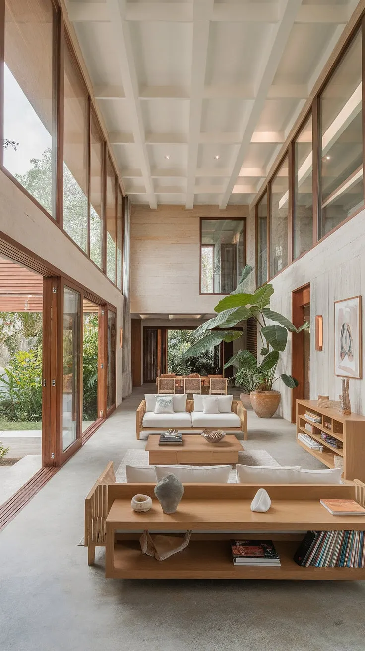 Sunlight streams into a minimalist tropical living room featuring high ceilings, wood walls, and a calming atmosphere