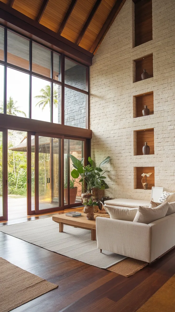 A high-ceilinged tropical home's living area showcases a blend of natural materials and clean lines, creating a serene and stylish space.