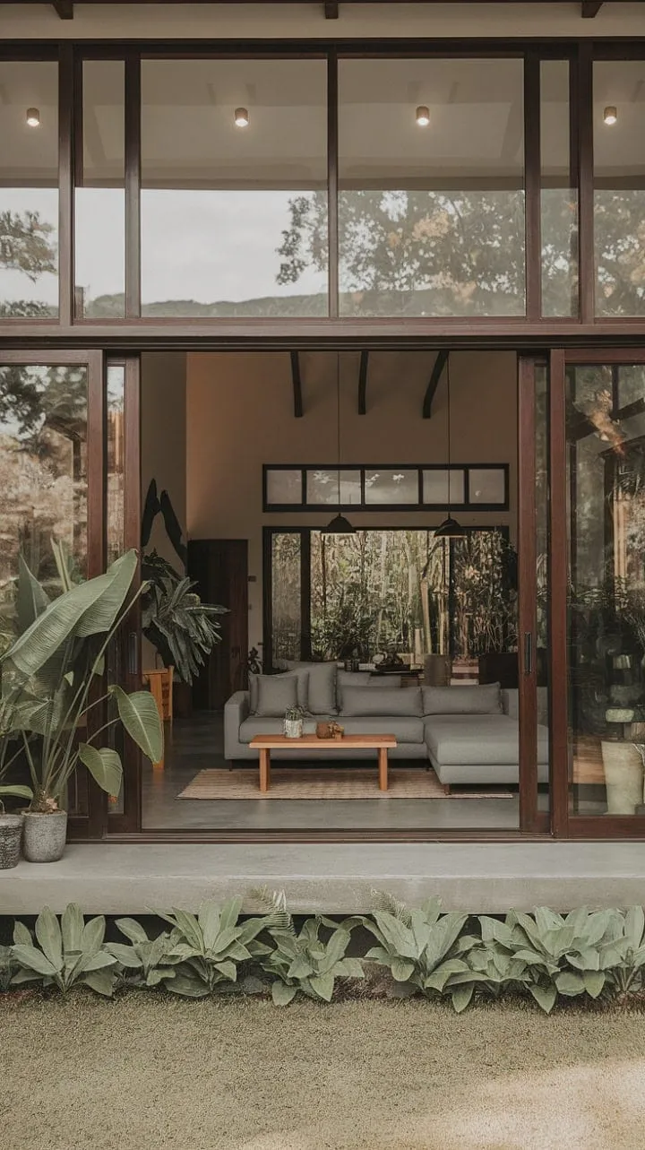 A serene oasis harmoniously merges minimalist design with tropical tranquility, showcasing expansive glass walls that seamlessly connect indoor and outdoor spaces.