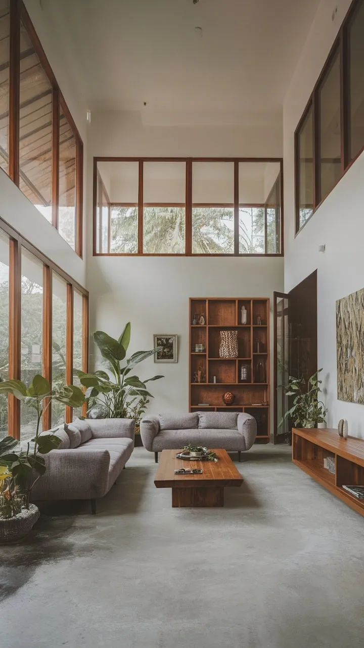 This tropical living room masterfully blends high ceilings and natural light with chic decor, crafting an elegant oasis that beautifully connects indoor and outdoor spaces.