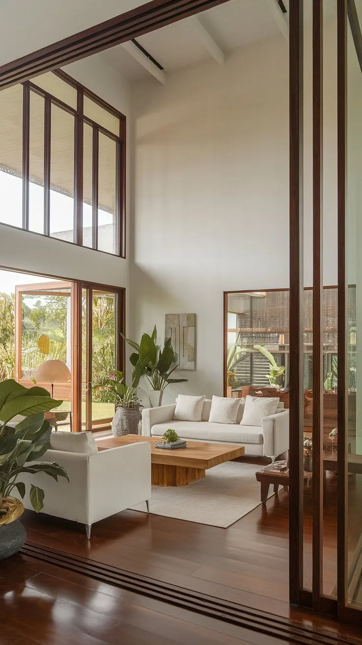 Minimalist design and natural light define this airy tropical modern living room.
