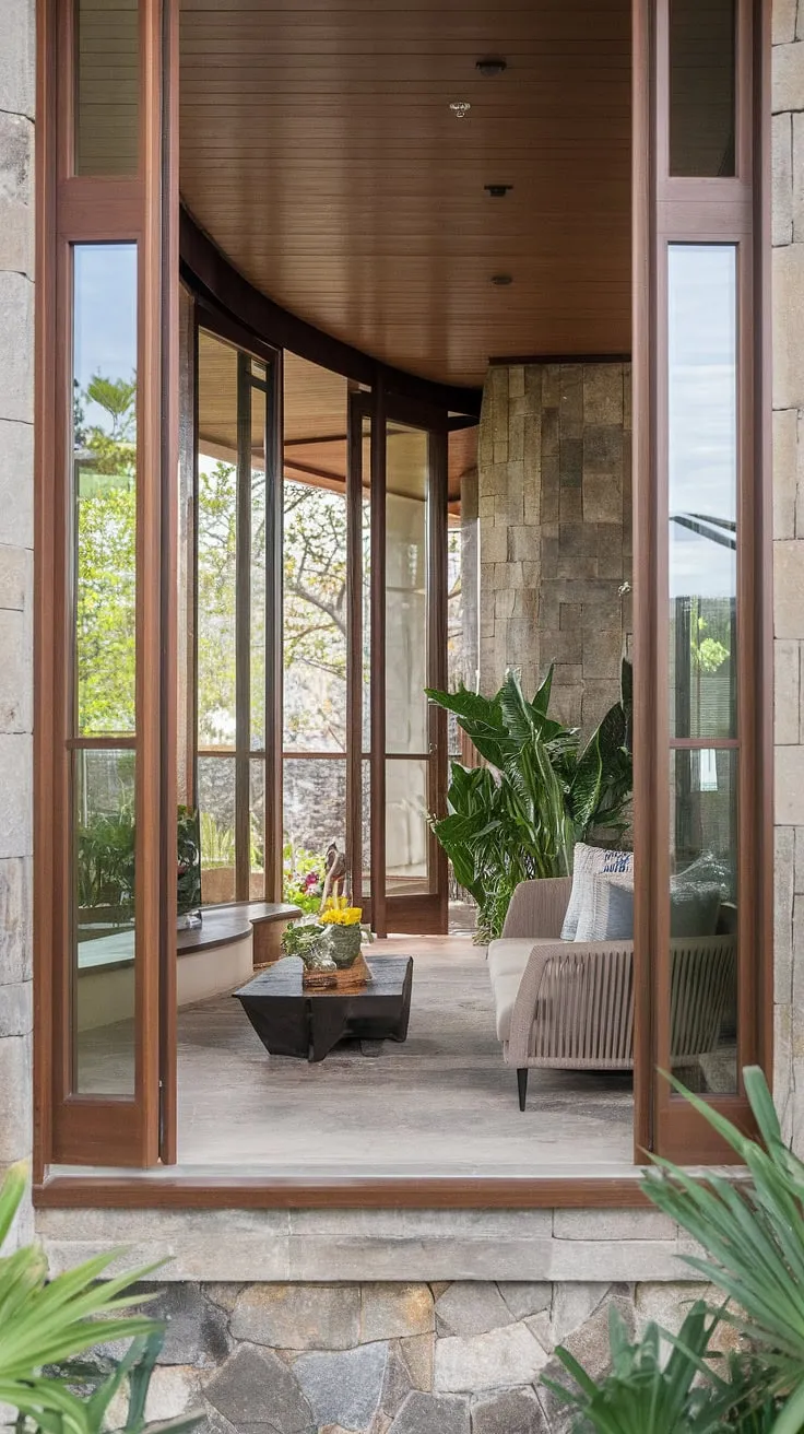 A living room's stone and wood design showcases modern tropical architecture's natural elegance.