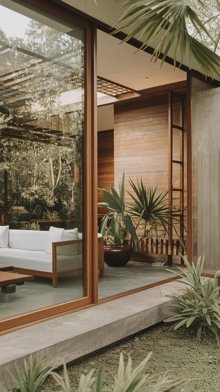 Modern tropical architecture seamlessly blends indoor and outdoor living, showcasing a bright airy space with natural materials and abundant greenery
