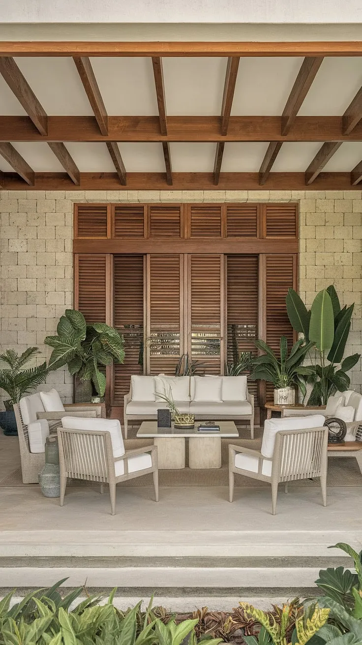 Stone walls, wooden beams, and a large windowed living room define this modern tropical house's airy elegance.