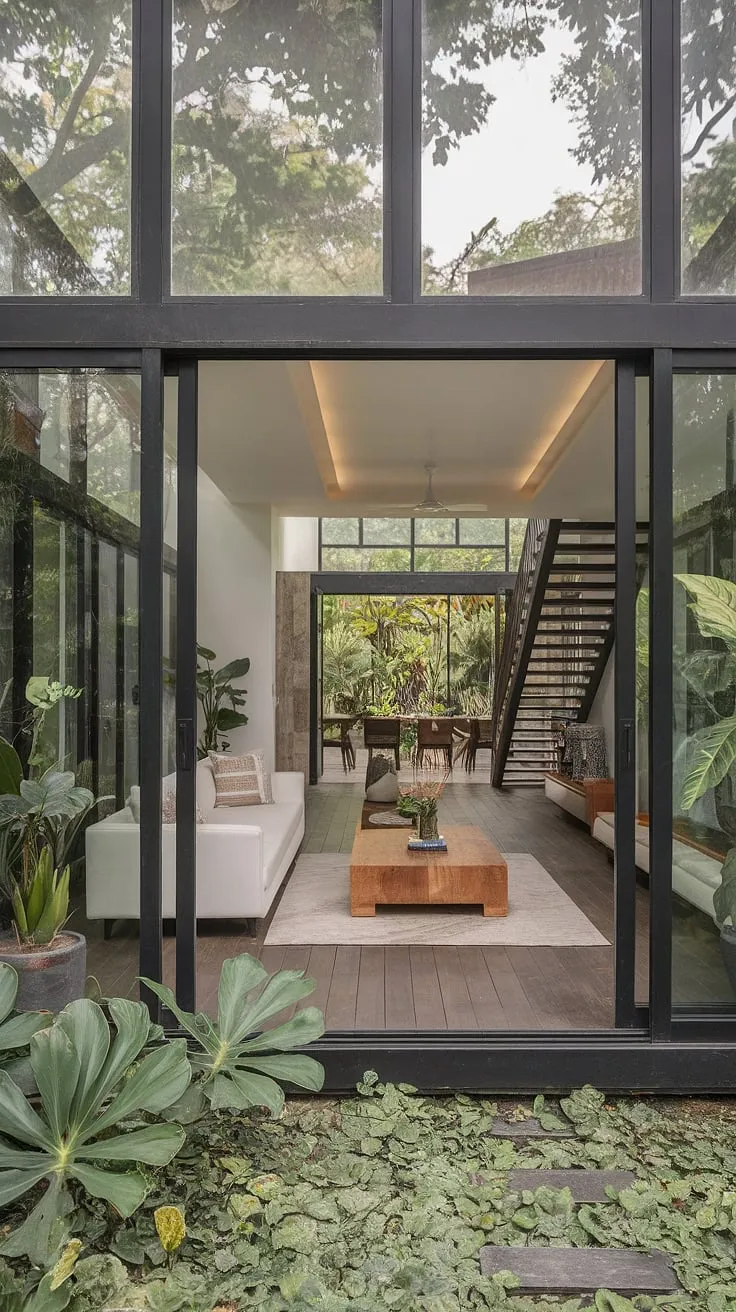 Clean lines and minimal furniture highlight the stunning outdoor connection in this airy tropical home.