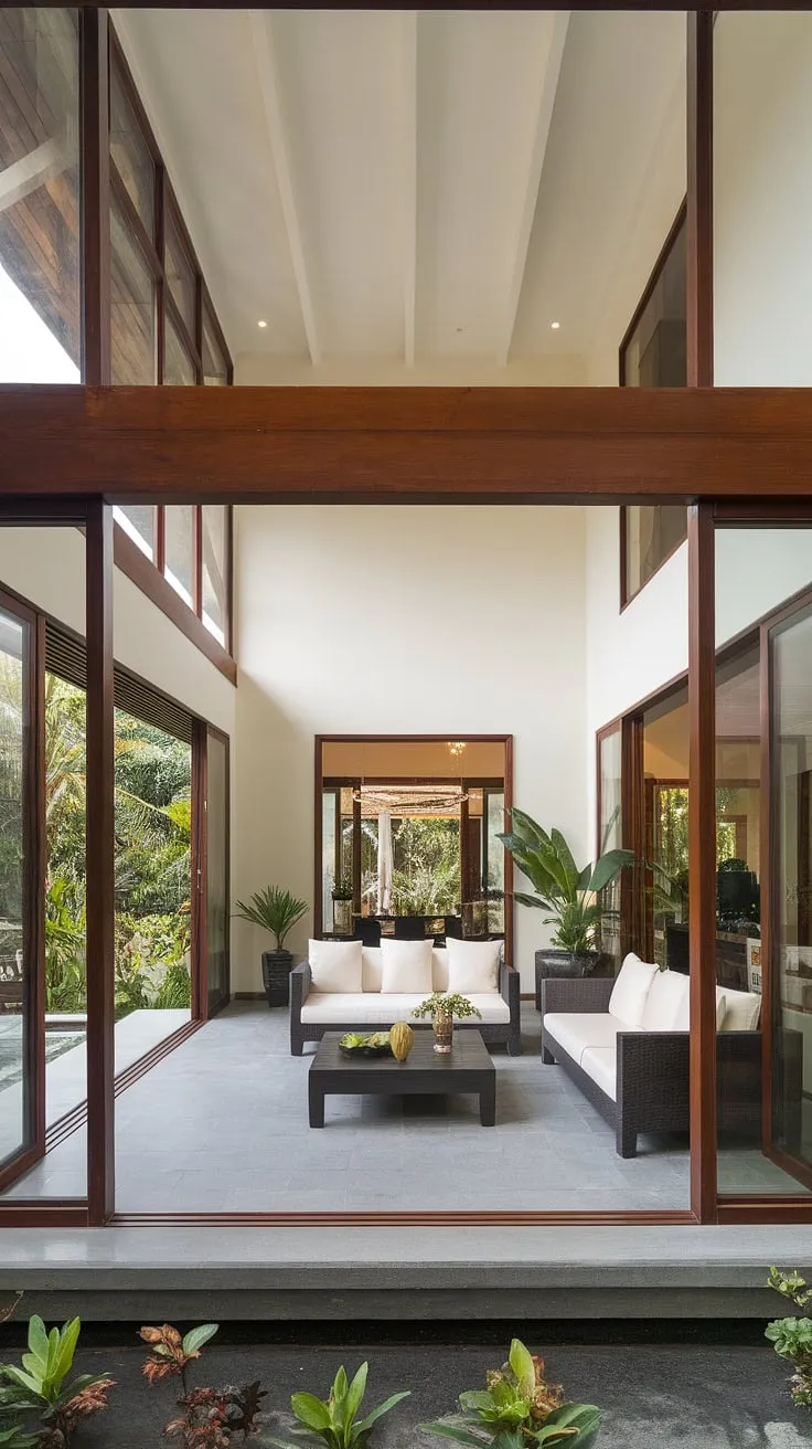 Natural light floods a minimalist tropical living room, highlighting clean lines and a calming atmosphere.