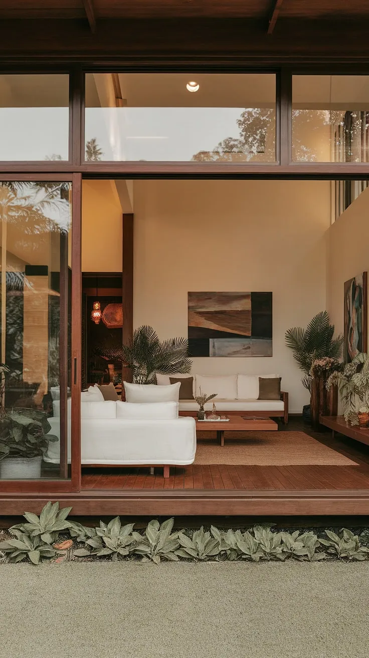 Warm light illuminates a minimalist tropical living space, showcasing a white sofa and greenery near expansive glass doors opening to the outdoors.