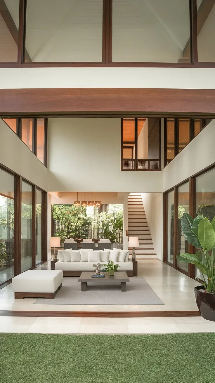 Sunlight floods a minimalist tropical living room, highlighting its high ceilings and clean lines