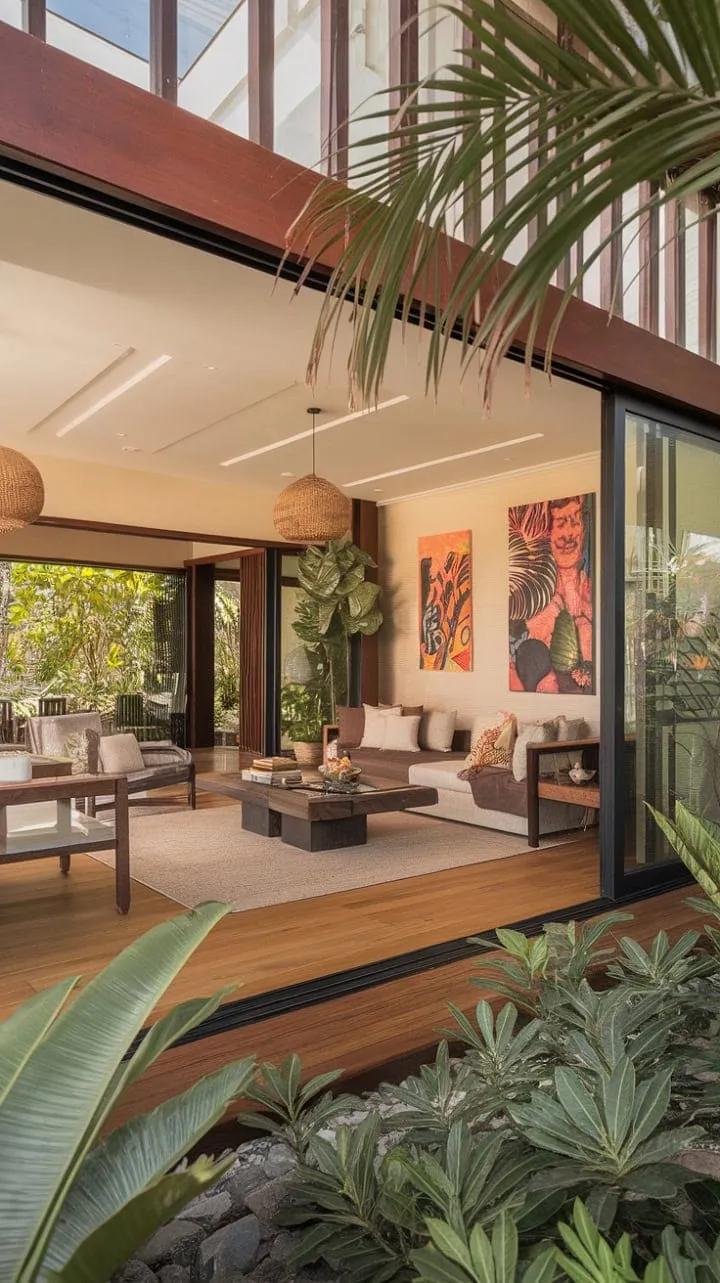 This tropical modern sanctuary blends soaring ceilings and natural light with lush greenery and elegant decor, creating a peaceful retreat.