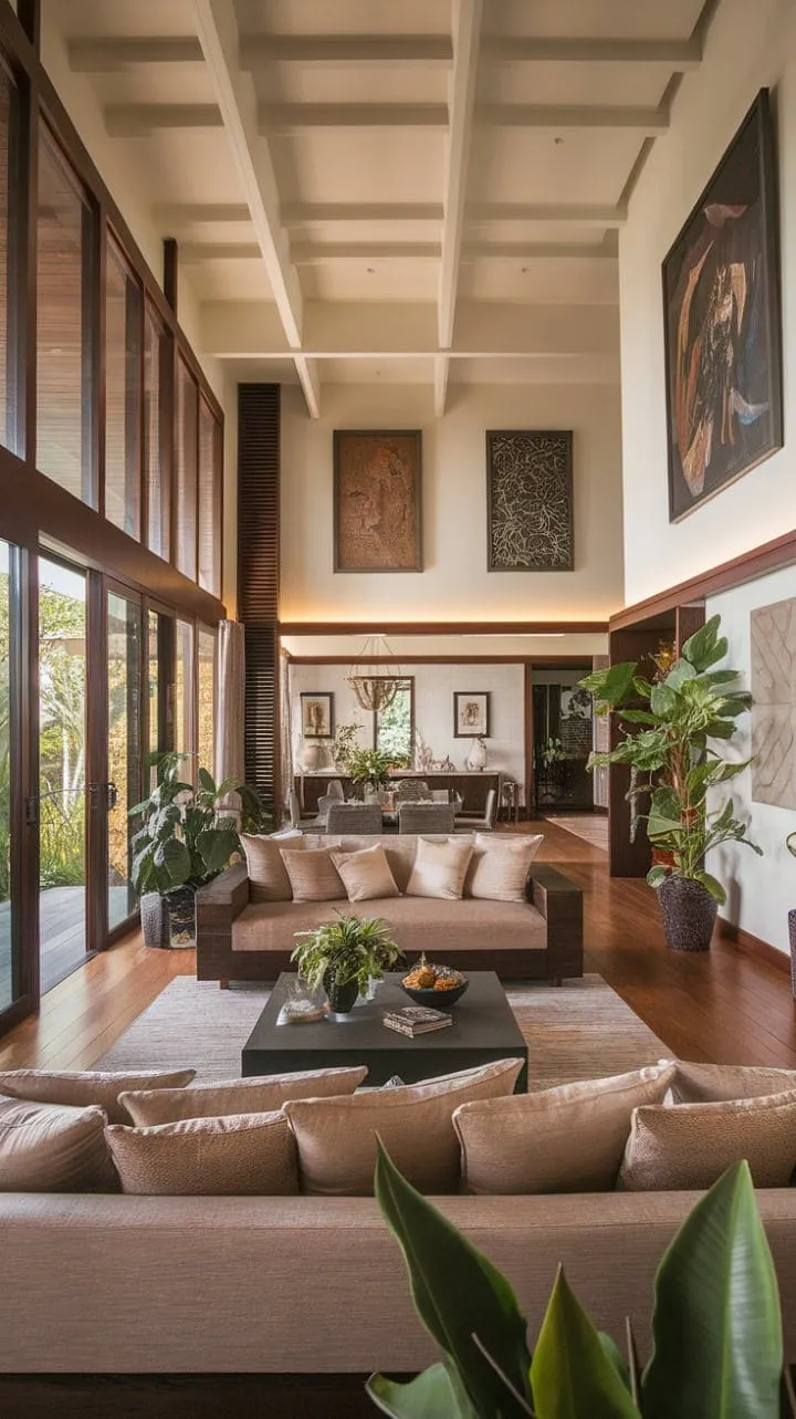 This sun-drenched tropical modern home beautifully blends indoor luxury with outdoor allure, showcasing a cozy sofa, vivid art, and flourishing plants.