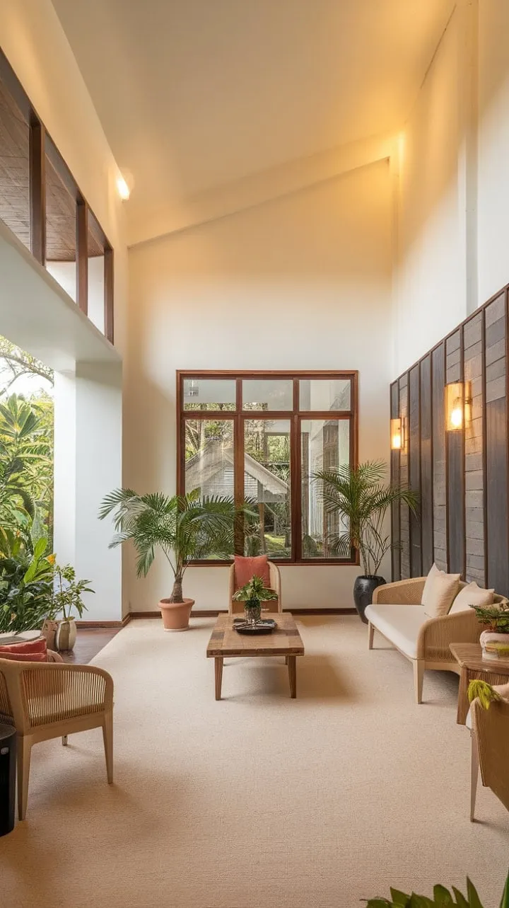 In this modern tropical oasis, sunlight waltzes through wooden-framed windows, illuminating elegant furnishings amidst lush greenery.
