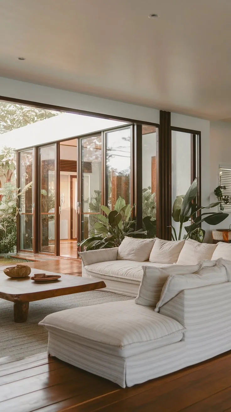 Modern tropical living is effortlessly stylish with white walls, a plush sofa, and expansive glass doors opening to the outdoors