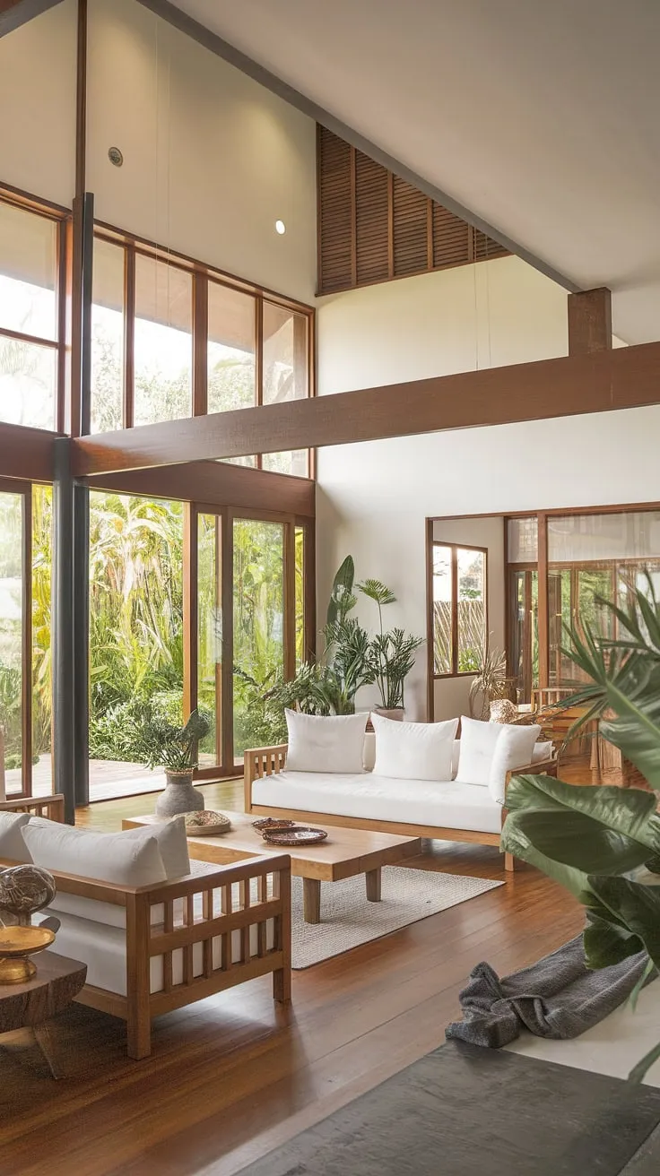 A minimalist tropical living room boasts high ceilings and natural light, showcasing a blend of wood and white.
