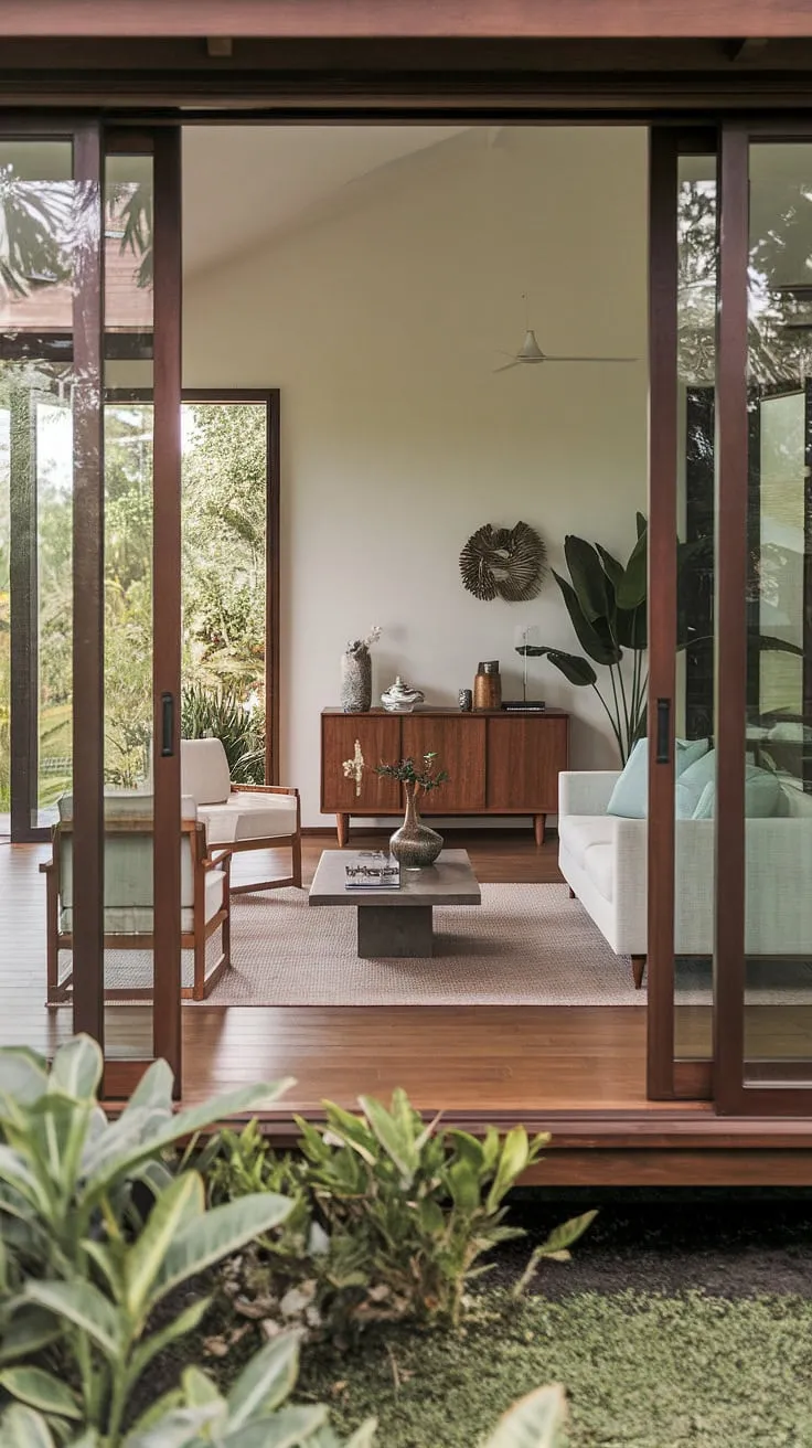 Lush greenery surrounds a modern tropical house whose bright living room, filled with natural light, offers a serene escape.