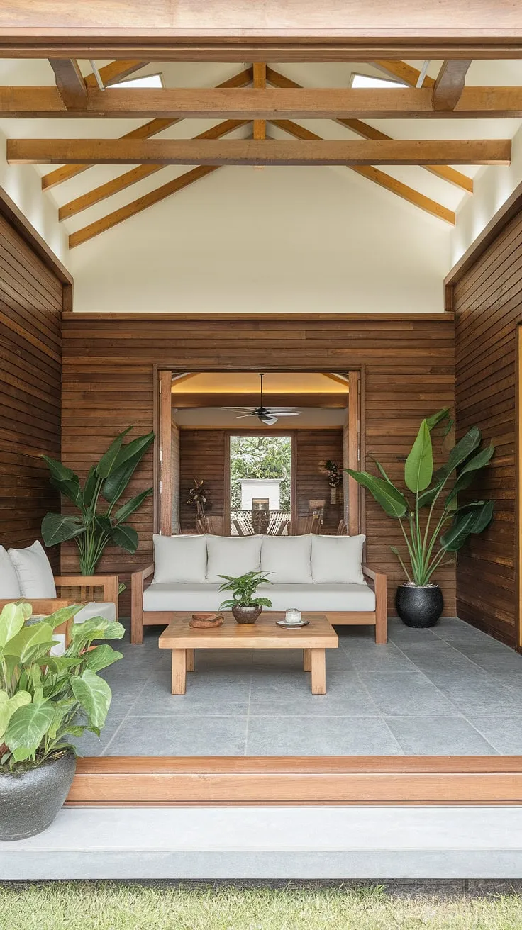 Grey tiles and potted plants complement the minimalist white sofa in this airy tropical home