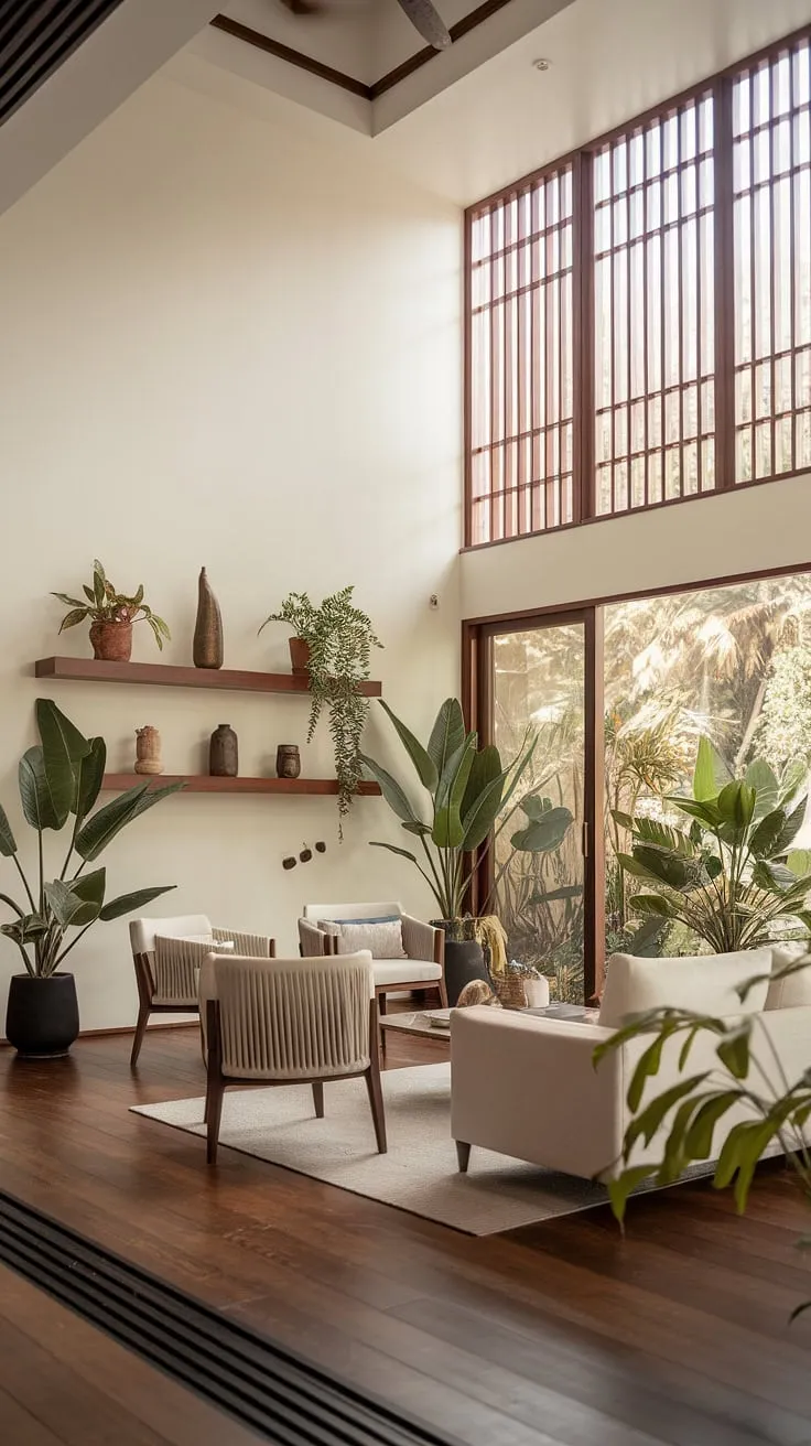A bright, open tropical living space features a minimalist design and abundant natural light.