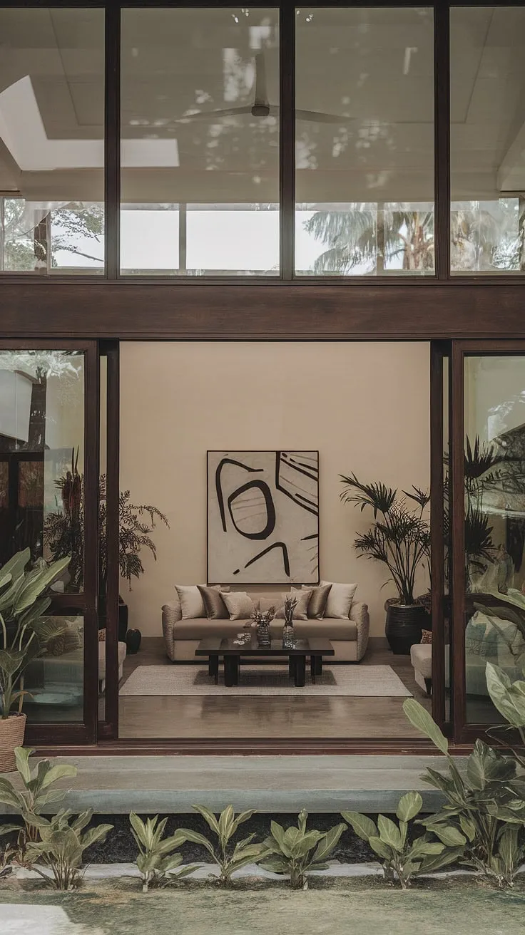 Modern tropical living is redefined by minimalist design and expansive windows, showcasing a serene indoor-outdoor flow