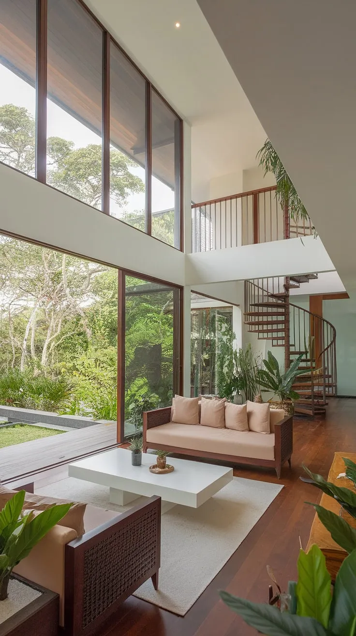 Sunlight streams into a modern tropical living room showcasing high ceilings, lush greenery views, and a graceful spiral staircase