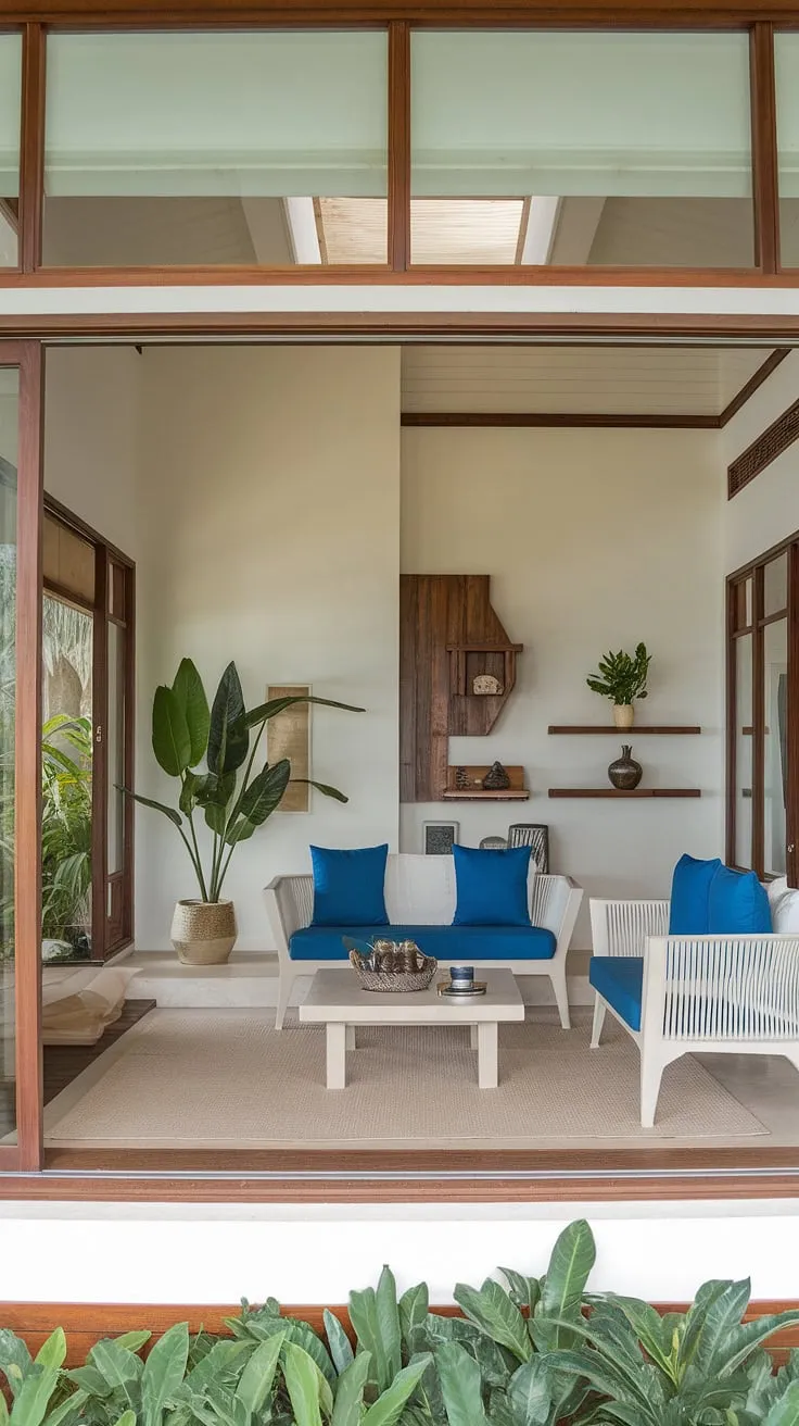 Elegant tropical modern design floods a bright living room with natural light and airy sophistication