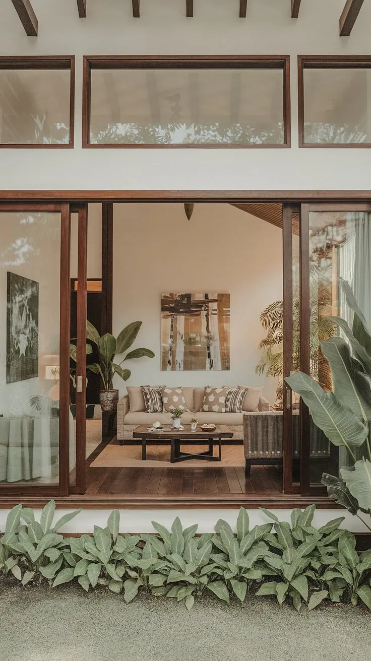 Sunlight streams into a modern tropical living room, highlighting its high ceilings, comfortable furnishings, and vibrant green accents