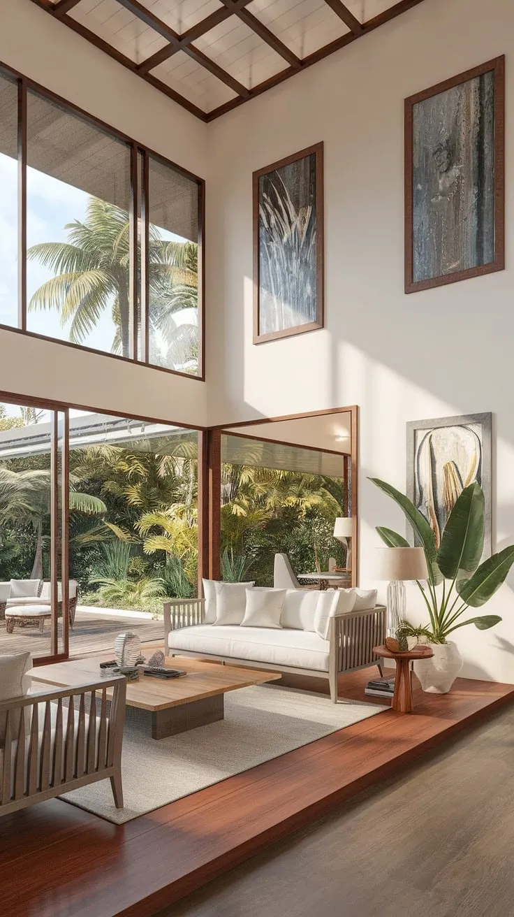 A bright, airy tropical living room showcases natural light and minimalist decor.