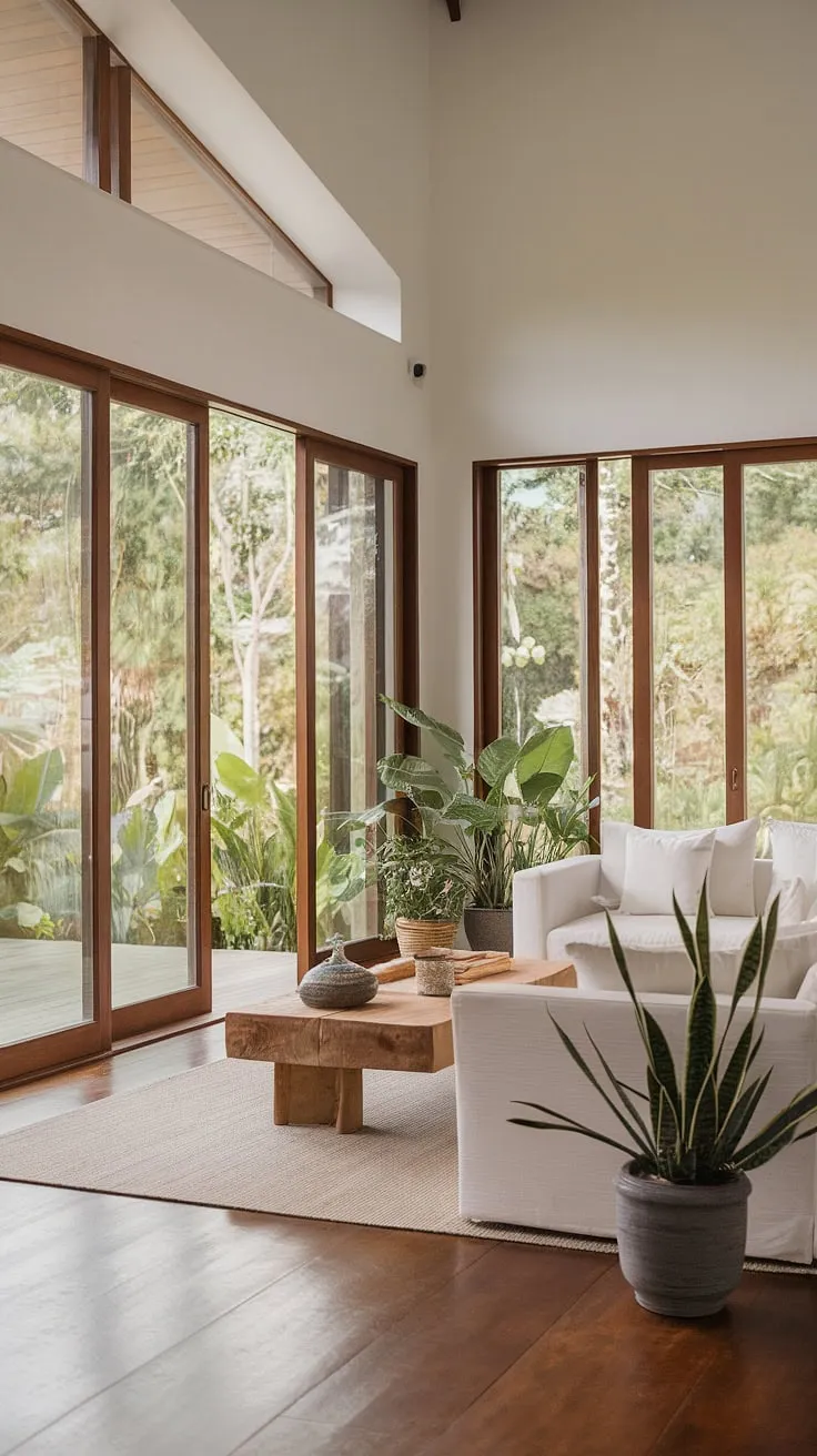Lush greenery flows into a bright, airy tropical modern living room through expansive glass doors.