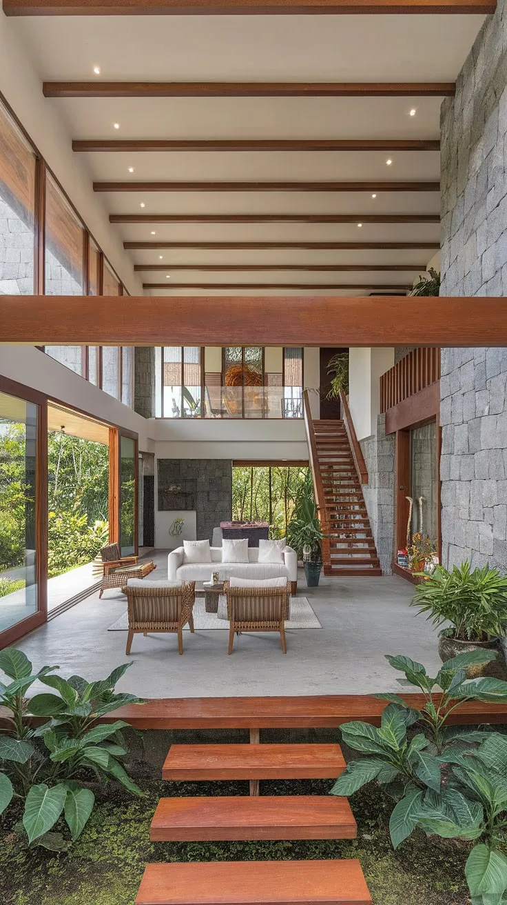 Modern tropical architecture seamlessly blends stone walls, high ceilings, and concrete floors for an airy living space