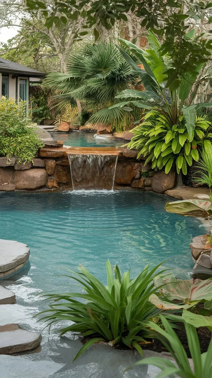 Escape to paradise in this lush tropical backyard featuring a tranquil lagoon pool and waterfall